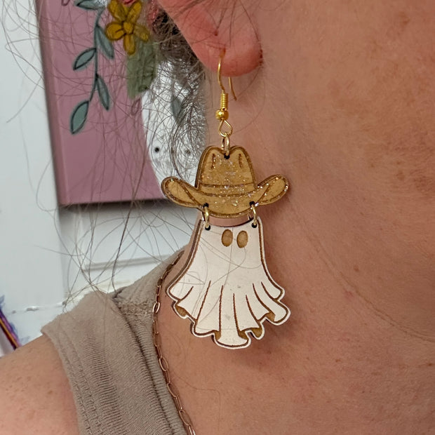 HAND-PAINTED WESTERN GHOST EARRING ||  <br> Wood earrings by Brandy Bell <br> AQUA HAT