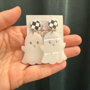 ACRYLIC EARRINGS || <BR> WHITE ACRYLIC GHOST WITH CHECKERED ACRYLIC STUD