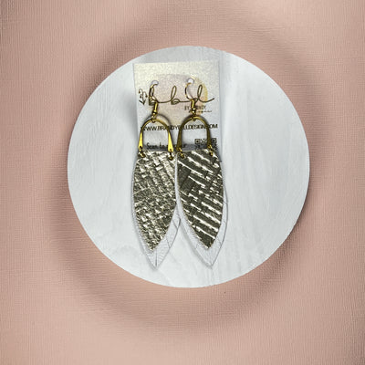 GRACE *Limited Edition* || Leather Earrings with BRASS ARCH  || <BR> METALLIC CHAMPAGNE PANAMA WEAVE, <BR> MATTE WHITE