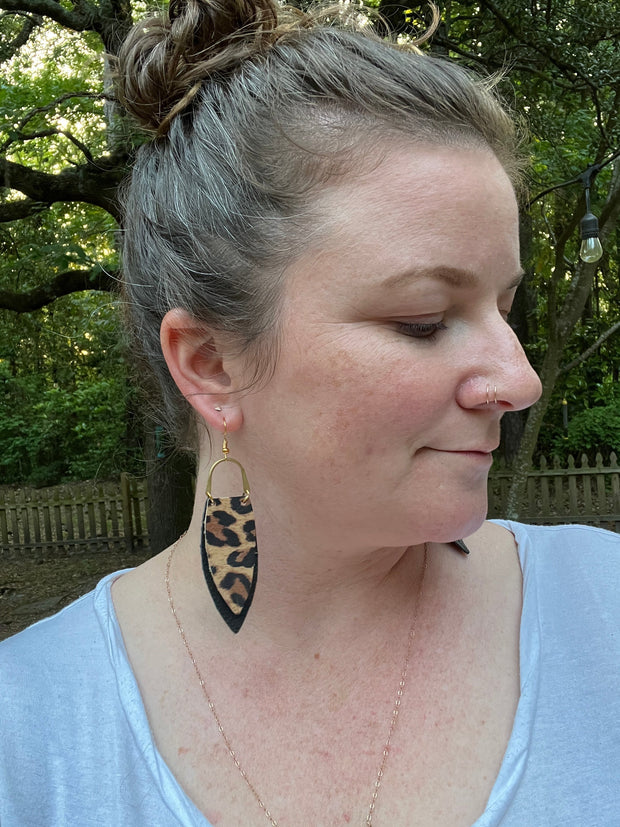 GRACE *Limited Edition* || Leather Earrings with BRASS ARCH  || <BR> LEOPARD PRINT, <BR> MATTE BLACK