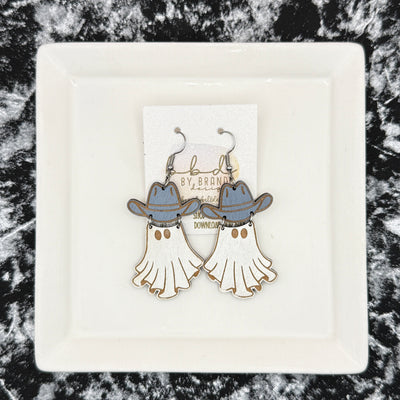 HAND-PAINTED WESTERN GHOST EARRING ||  <br> Wood earrings by Brandy Bell <br> GRAY/BLUE HAT
