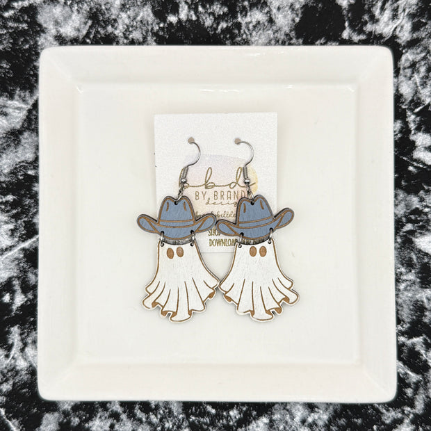 HAND-PAINTED WESTERN GHOST EARRING ||  <br> Wood earrings by Brandy Bell <br> GRAY/BLUE HAT