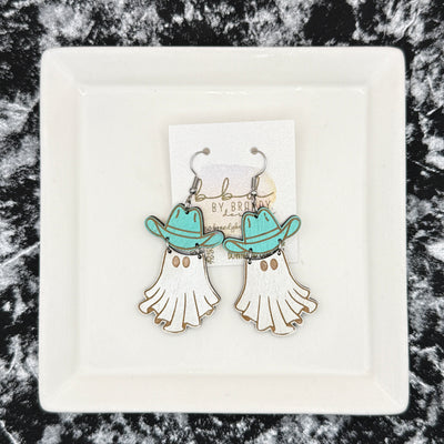 HAND-PAINTED WESTERN GHOST EARRING ||  <br> Wood earrings by Brandy Bell <br> AQUA HAT