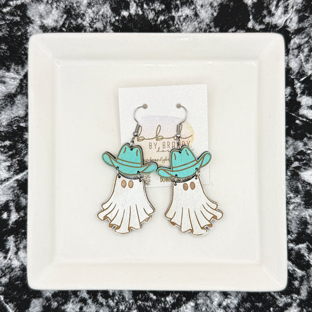 HAND-PAINTED WESTERN GHOST EARRING ||  <br> Wood earrings by Brandy Bell <br> AQUA HAT