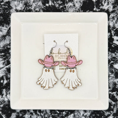HAND-PAINTED WESTERN GHOST EARRING ||  <br> Wood earrings by Brandy Bell <br> MAUVE HAT