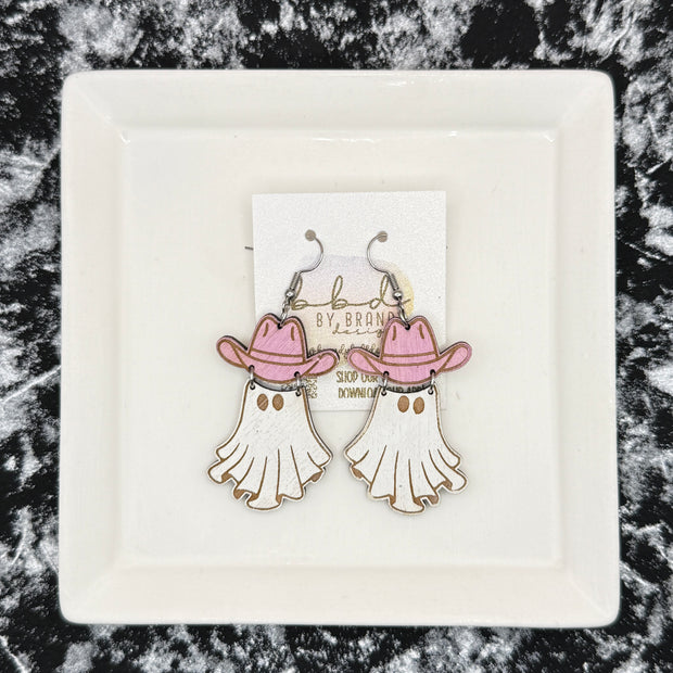 HAND-PAINTED WESTERN GHOST EARRING ||  <br> Wood earrings by Brandy Bell <br> MAUVE HAT