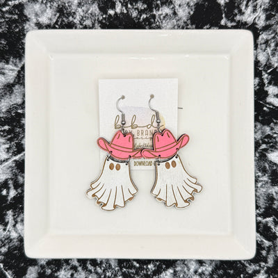 HAND-PAINTED WESTERN GHOST EARRING ||  <br> Wood earrings by Brandy Bell <br> HOT PINK HAT