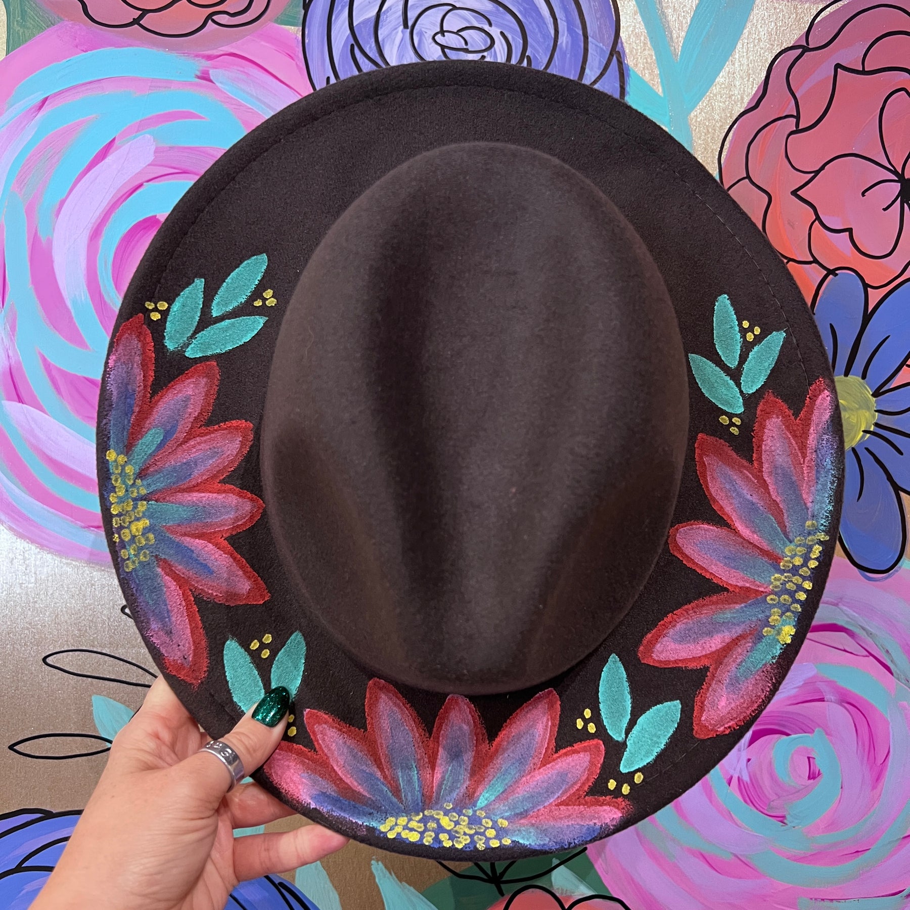 Hand-Painted Felt Hat by Brandy Bell Gray with Bright Floral