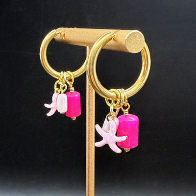 CHARM HOOPS (LARGE)- Stainless Steel ||  PINK STARFISH, PALE PINK RECTANGLE, PINK CYLINDER