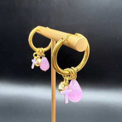CHARM HOOPS (LARGE)- Stainless Steel ||  LAVENDER CROSS, GOLD, MAUVE DROP