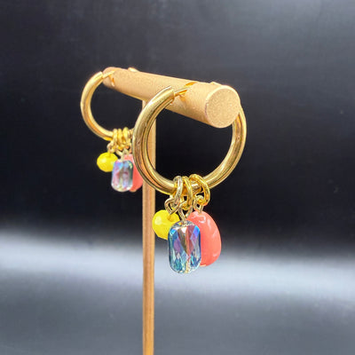 CHARM HOOPS (LARGE)- Stainless Steel ||  YELLOW, IRIDESCENT RECTANGLE, CORAL OVAL