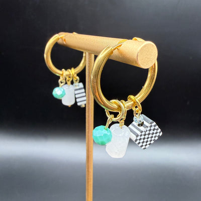 CHARM HOOPS (LARGE)- Stainless Steel ||  GREEN, CHECKERED SQUARE, WHITE CYLINDER