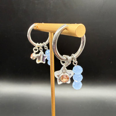CHARM HOOPS (LARGE)- Stainless Steel ||  PINK STONE, CLEAR STAR, LIGHT BLUE STACKED