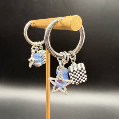 CHARM HOOPS (LARGE)- Stainless Steel ||  STAR, CHECKERED SQUARE, BLUE STACKED