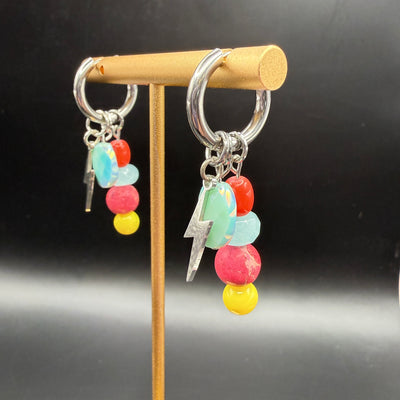 CHARM HOOPS (SMALL)- Stainless Steel ||  LIGHTNING, SEAFOAM OVAL, STACKED YELLOW/PINK
