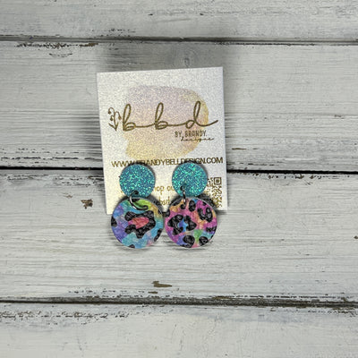 LUNA -  Leather Earrings ON POST  ||  AQUA FINE GLITTER (ON CORK), <BR>  LISA F LEOPARD PRINT