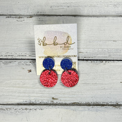 LUNA -  Leather Earrings ON POST  ||  BLUE FINE GLITTER (ON CORK), <BR>  METALLIC RED PEBBLED