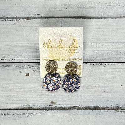 LUNA -  Leather Earrings ON POST  ||  GOLD FINE GLITTER (ON CORK), <BR>  NAVY BLUE DAISY FLORAL