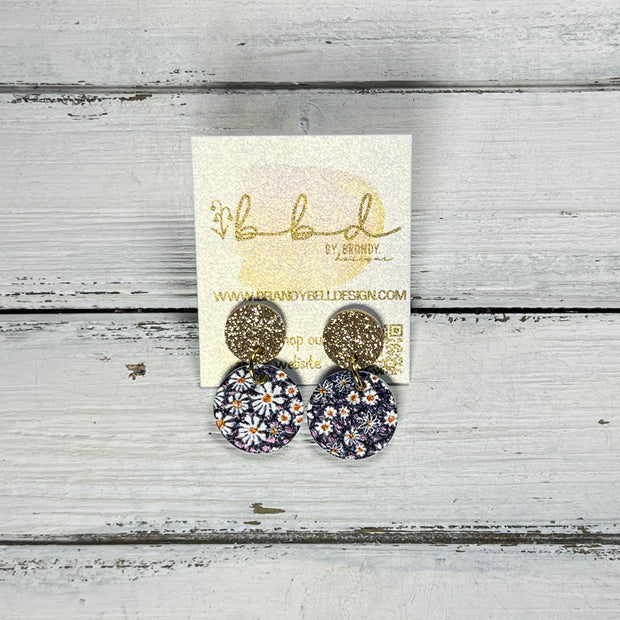 LUNA -  Leather Earrings ON POST  ||  GOLD FINE GLITTER (ON CORK), <BR>  NAVY BLUE DAISY FLORAL