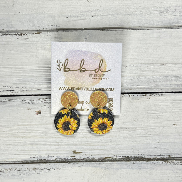 LUNA -  Leather Earrings ON POST  ||  SUNSHINE FINE GLITTER (ON CORK), <BR>  SUNFLOWERS