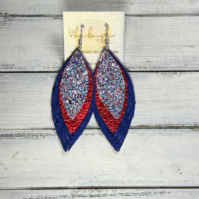 INDIA -  Leather Earrings  ||   <BR> AMERICANA GLITTER (FAUX LEATHER), <BR> METALLIC RED PEBBLED, <BR> COBALT BLUE BRAID