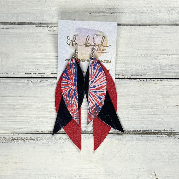 ANDY -  Leather Earrings  ||   <BR> RED, WHITE, BLUE FIREWORK TIE DYE, <BR>METALLIC NAVY SMOOTH, <BR> MATTE RED