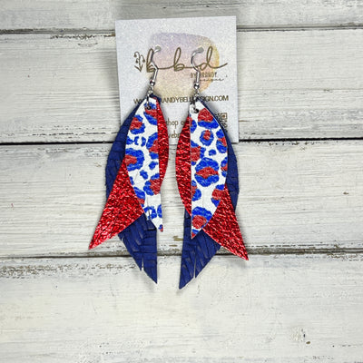 ANDY -  Leather Earrings  ||   <BR> AMERICANA LEOPARD PRINT, <BR>METALLIC RED PEBBLED, <BR> COBALT BLUE BRAID