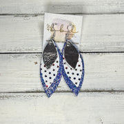 DOROTHY -  Leather Earrings  ||    <BR> METALLIC SILVER SMOOTH,<BR> MATTE WHITE WITH METALLIC RED, SILVER & BLUE STARS, <BR> SPARKLE BLUE