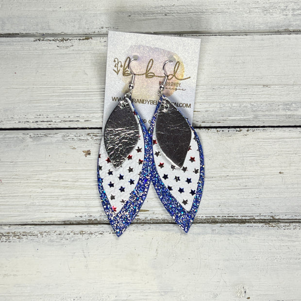 DOROTHY -  Leather Earrings  ||    <BR> METALLIC SILVER SMOOTH,<BR> MATTE WHITE WITH METALLIC RED, SILVER & BLUE STARS, <BR> SPARKLE BLUE