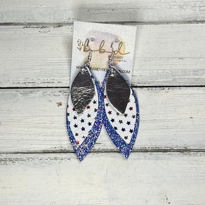 DOROTHY -  Leather Earrings  ||    <BR> METALLIC NAVY SMOOTH,<BR> RED, WHITE, BLUE FIREWORK TIE DYE, <BR> MATTE RED