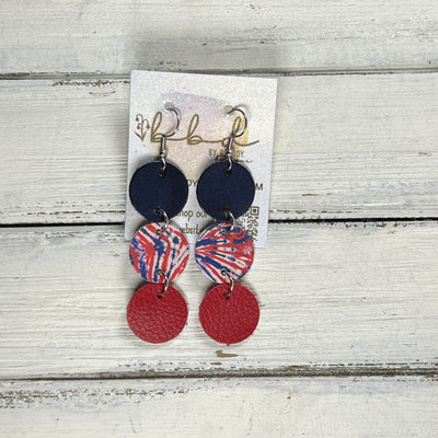 DAISY -  Leather Earrings  ||   <BR> METALLIC NAVY SMOOTH, <BR> RED, WHITE, BLUE FIREWORK TIE DYE, <BR> MATTE RED