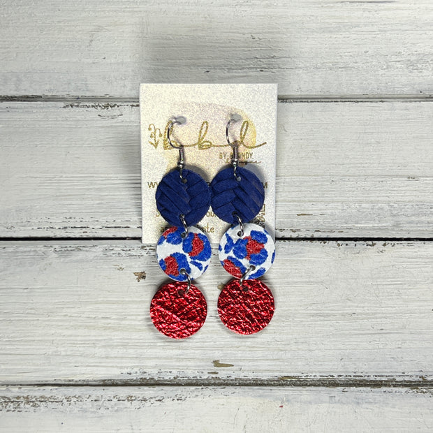 DAISY -  Leather Earrings  ||   <BR> COBALT BLUE BRAID, <BR> AMERICANA LEOPARD PRINT, <BR> METALLIC RED PEBBLED