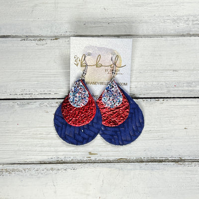 LINDSEY -  Leather Earrings  ||   <BR> AMERICANA GLITTER (FAUX LEATHER), <BR> METALLIC RED PEBBLED, <BR> COBALT BLUE BRAID