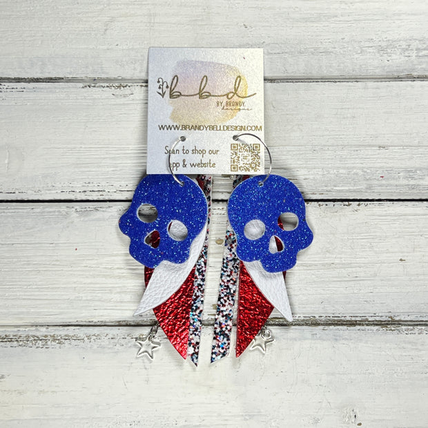 FANCY SKULL -  Leather Earrings  ||   <BR> BLUE FINE GLITTER (LEATHER ON THICK CORK), MATTE WHITE, METALLIC RED PEBBLED, AMERICANA GLITTER (FAUX LEATHER)