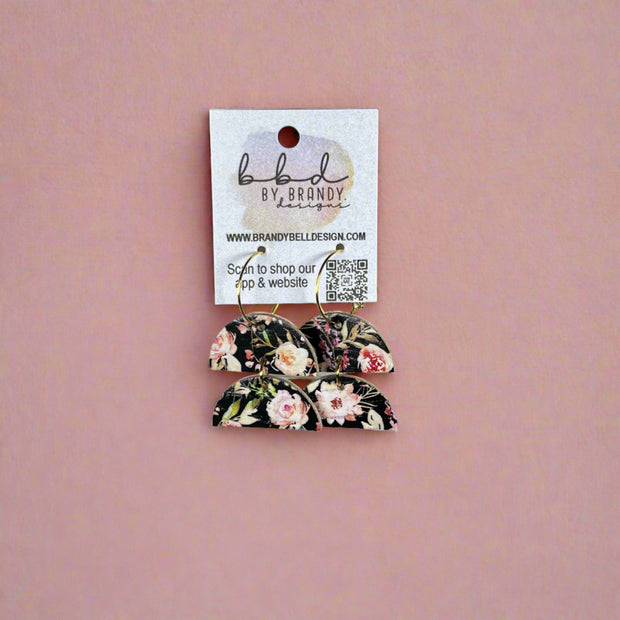 JOY -  Leather Earrings  ||   <BR> PINK FLORAL ON BLACK (CORK ON LEATHER)