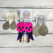 FANCY SKULL -  Leather Earrings  ||   <BR> BLUE FINE GLITTER (LEATHER ON THICK CORK), MATTE WHITE, METALLIC RED PEBBLED, AMERICANA GLITTER (FAUX LEATHER)