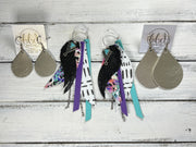 ROXY -  Leather Earrings  ||   <BR> FEATHER CHARM, <BR> METALLIC CHAMPAGNE SMOOTH, <BR> BOHO DASHES, <BR> PEARLIZED OLIVE GREEN, <BR> PEACH PALMS, <BR> DUSTY AQUA BRAID