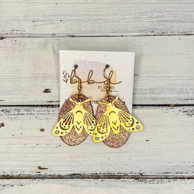 SUEDE + STEEL *Limited Edition* || Leather Earrings || BRASS BEE/BUTTERFLY/MOTH ACCENT || <BR> SHIMMER VINTAGE PINK