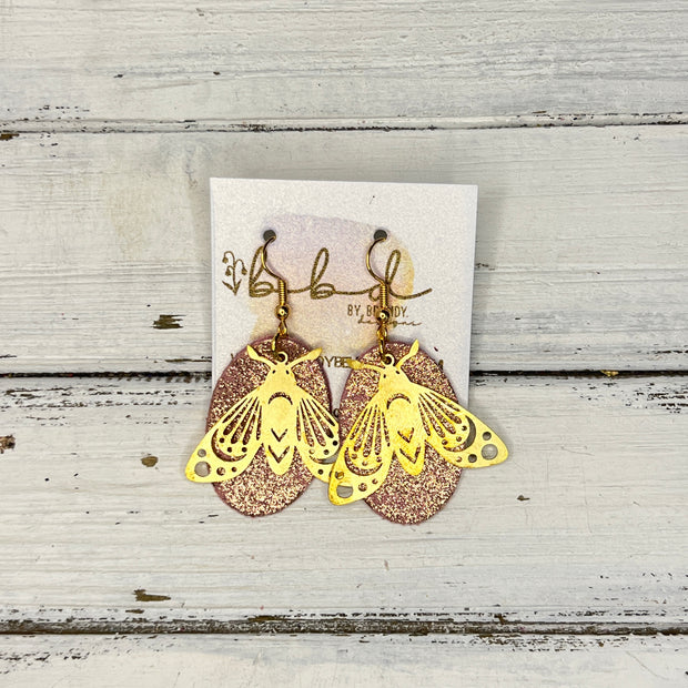 SUEDE + STEEL *Limited Edition* || Leather Earrings || BRASS BEE/BUTTERFLY/MOTH ACCENT || <BR> SHIMMER VINTAGE PINK