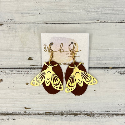 SUEDE + STEEL *Limited Edition* || Leather Earrings || BRASS BEE/BUTTERFLY/MOTH ACCENT || <BR> DISTRESSED BROWN