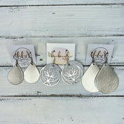 SUEDE + STEEL *Limited Edition* COLLECTION || Leather Earrings ||  <br> SILVER METAL LOTUS & MOON || <br> SHIMMER SILVER