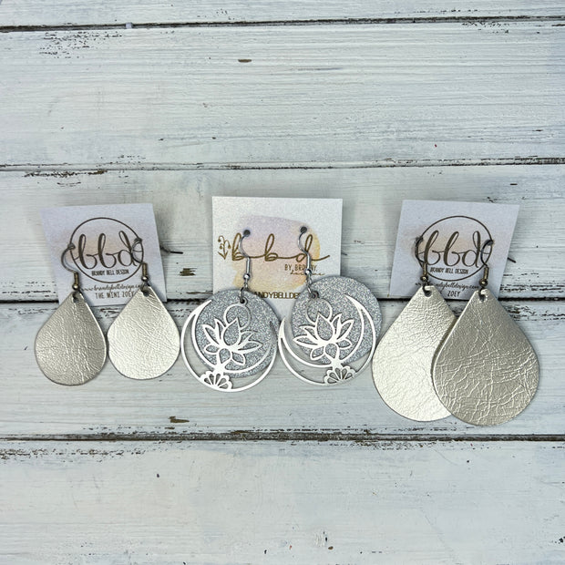 SUEDE + STEEL *Limited Edition* COLLECTION || Leather Earrings ||  <br> SILVER METAL LOTUS & MOON || <br> SHIMMER SILVER