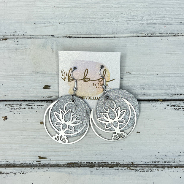SUEDE + STEEL *Limited Edition* COLLECTION || Leather Earrings ||  <br> SILVER METAL LOTUS & MOON || <br> SHIMMER SILVER