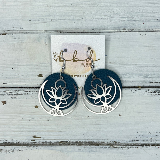 SUEDE + STEEL *Limited Edition* COLLECTION || Leather Earrings ||  <br> SILVER METAL LOTUS & MOON || <br> MATTE DARK TEAL