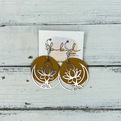 SUEDE + STEEL *Limited Edition* COLLECTION || Leather Earrings ||  <br> SILVER METAL LOTUS & MOON || <br> MATTE MUSTARD YELLOW