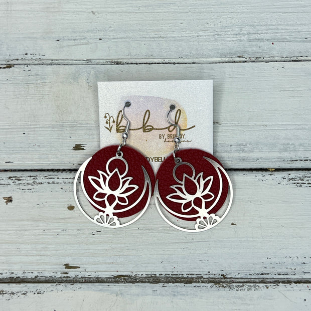 SUEDE + STEEL *Limited Edition* COLLECTION || Leather Earrings ||  <br> SILVER METAL LOTUS & MOON || <br> MATTE DARK RED
