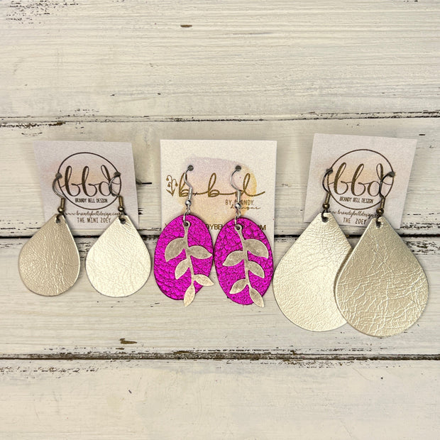 SUEDE + STEEL *Limited Edition* COLLECTION || Leather Earrings || SILVER LEAVES, <BR> SHIMMER VINTAGE PINK