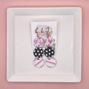 DAISY -  Leather Earrings  ||   <BR> PINK HEARTS ON POLKADOTS (FAUX LEATHER), <BR> BLACK WITH WHITE POLKADOTS, <BR> PINK & WHITE STRIPES