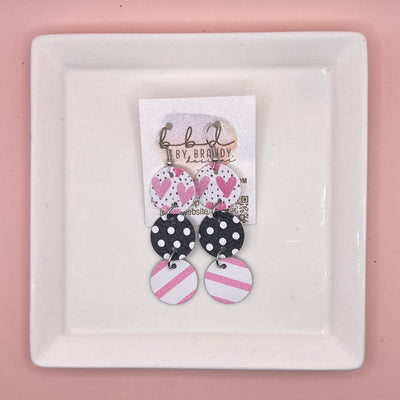 DAISY -  Leather Earrings  ||   <BR> PINK HEARTS ON POLKADOTS (FAUX LEATHER), <BR> BLACK WITH WHITE POLKADOTS, <BR> PINK & WHITE STRIPES