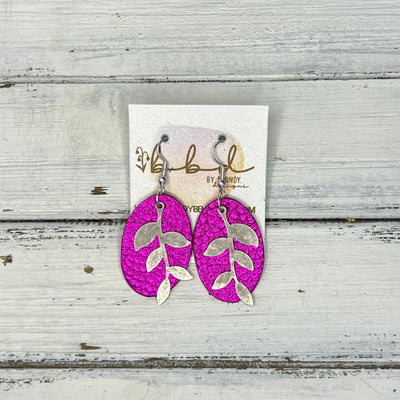 SUEDE + STEEL *Limited Edition* COLLECTION || Leather Earrings || SILVER LEAVES, <BR> METALLIC NEON PINK PEBBLED